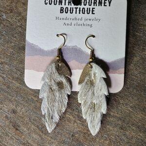 NWT Gold and Cream Leather Feather Earrings